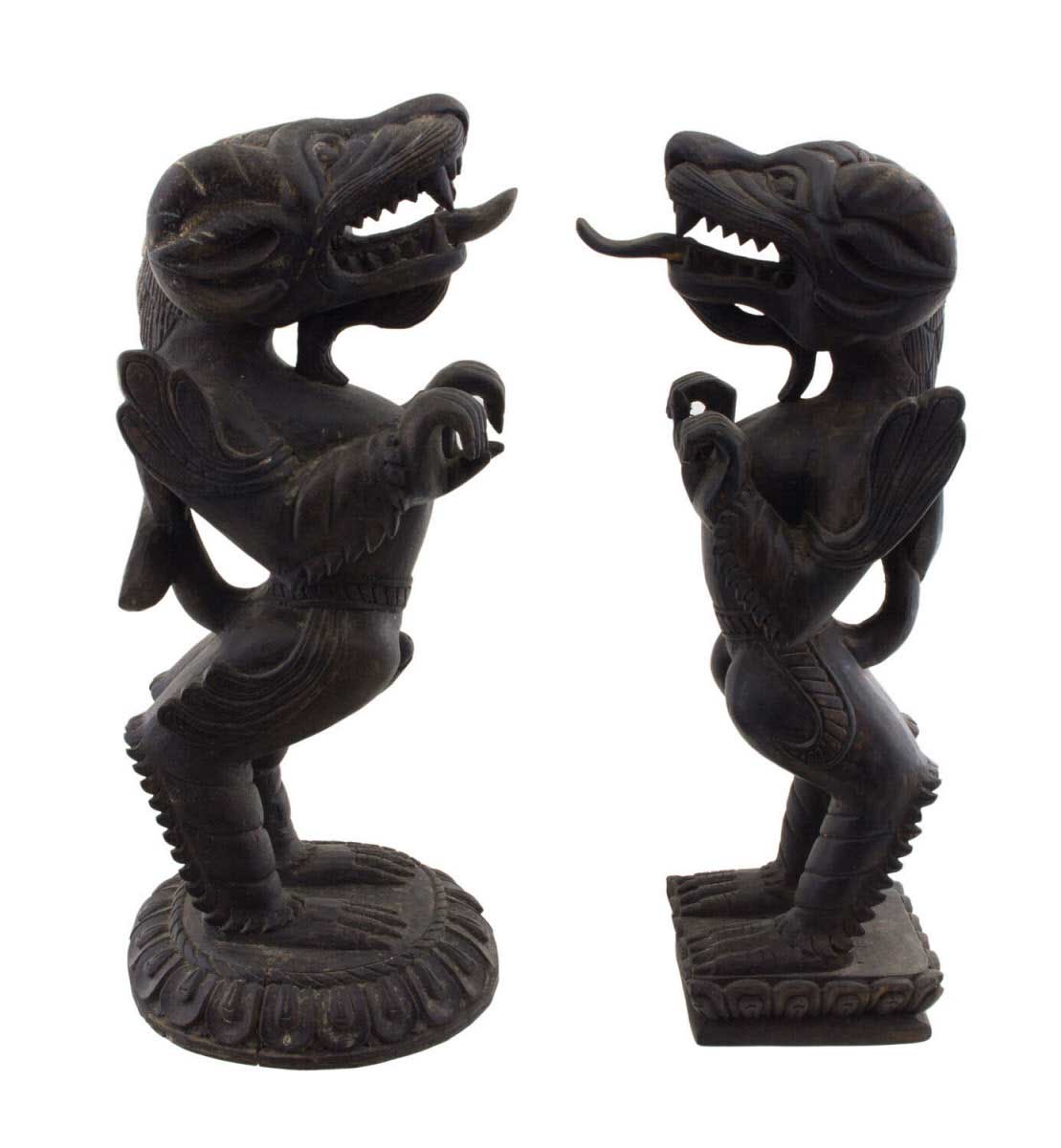 Couple de Dragons Druk Tibétains en Bois Sculpté – Sculptures Bouddhistes du Népal