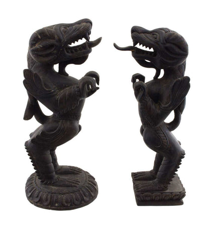 Couple de Dragons Druk Tibétains en Bois Sculpté – Sculptures Bouddhistes du Népal