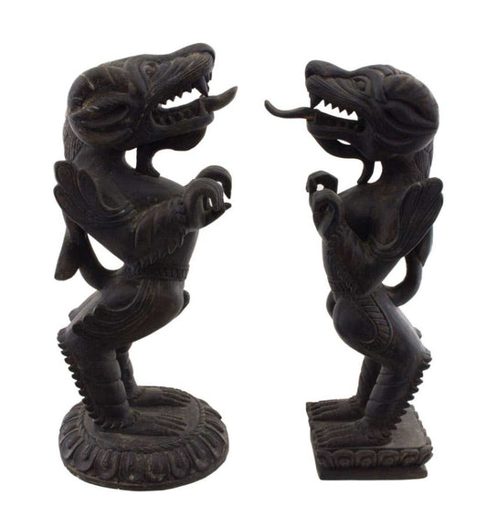 Couple de Dragons Druk Tibétains en Bois Sculpté – Sculptures Bouddhistes du Népal