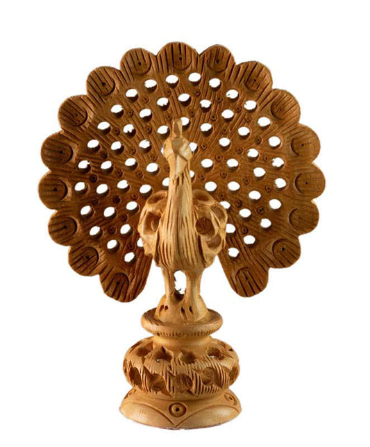 Statuette Paon en Bois Sculpté – Artisanat Indien