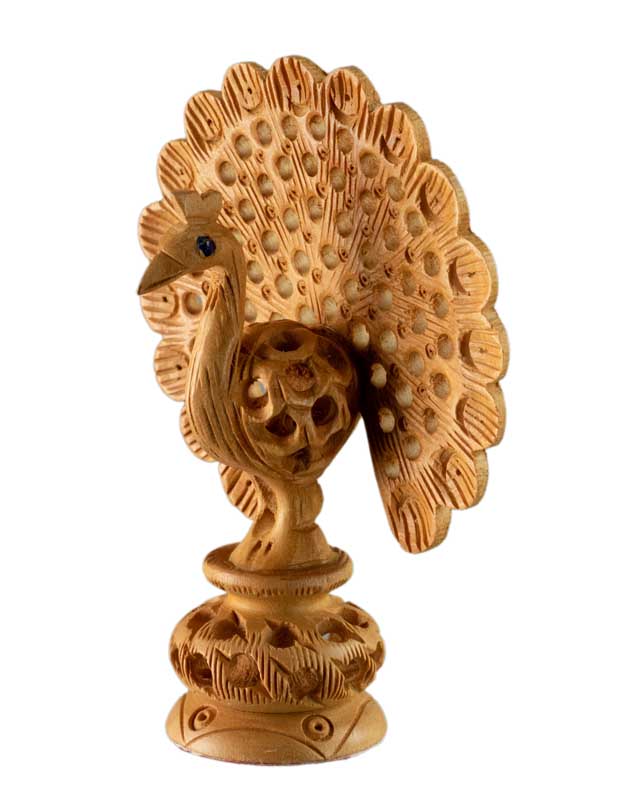 Statuette Paon en Bois Sculpté – Artisanat Indien