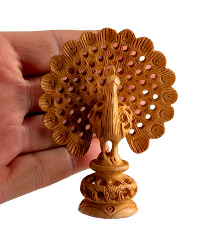 Statuette Paon en Bois Sculpté – Artisanat Indien