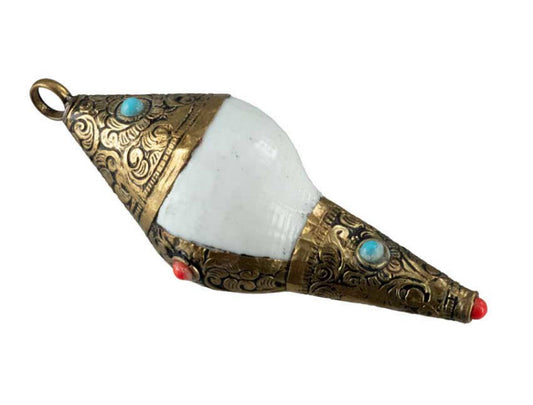 Conque Bouddhiste Tibétaine Décorative – Coquillage et Métal du Népal