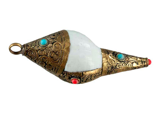 Conque Bouddhiste Tibétaine Décorative – Coquillage et Métal du Népal