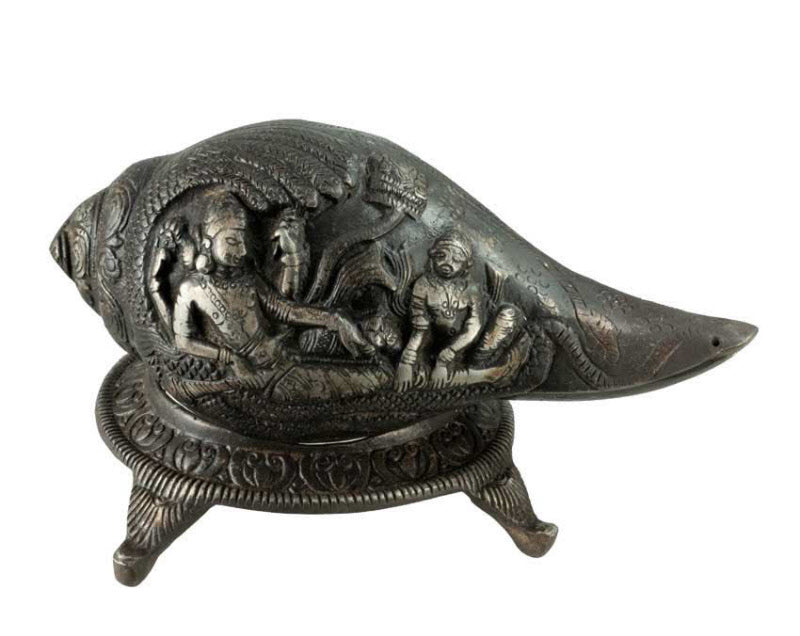 Conque Vishnu Lakshmi Shanka en Aluminium Patiné – Décoration Hindoue Artisanale