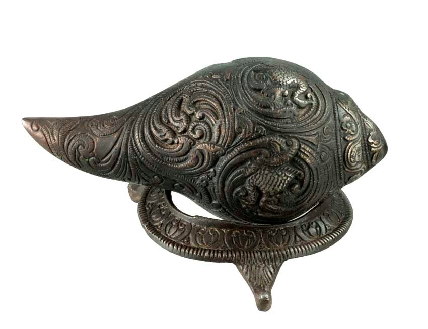 Conque Vishnu Lakshmi Shanka en Aluminium Patiné – Décoration Hindoue Artisanale