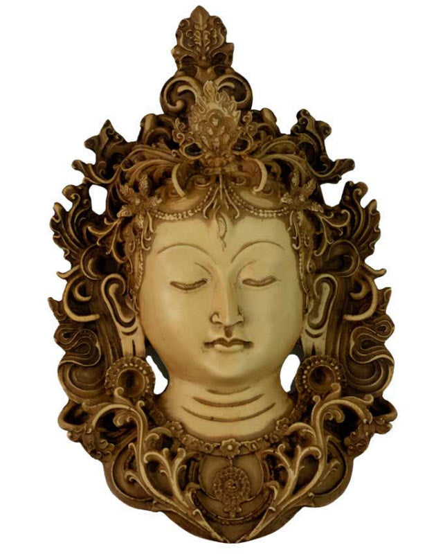 Visage Mural Bouddhiste Tara En Résine Beige Antique – Symbole D’Éveil Et De Compassion