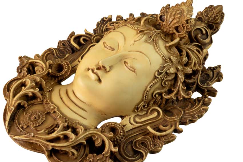 Visage Mural Bouddhiste Tara En Résine Beige Antique – Symbole D’Éveil Et De Compassion