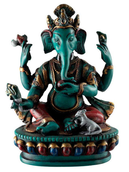 Statue Ganesh Assis En Résine Turquoise – Artisanat Népalais