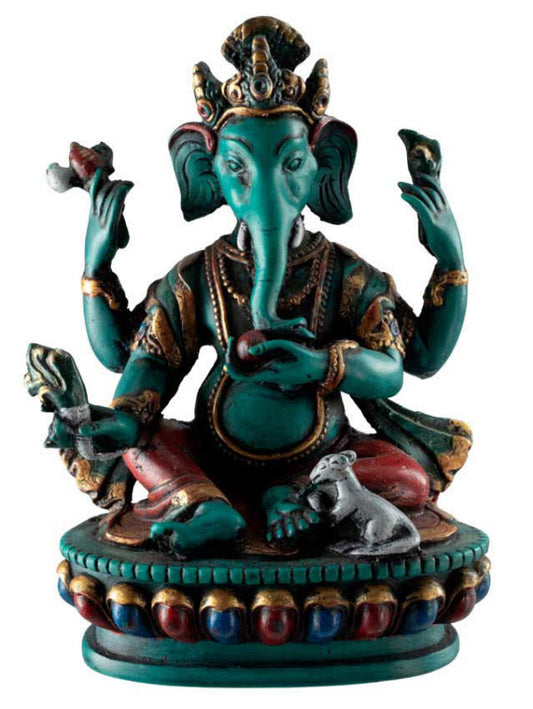 Statue Ganesh Assis En Résine Turquoise – Artisanat Népalais