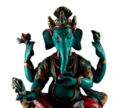Statue Ganesh Assis En Résine Turquoise – Artisanat Népalais