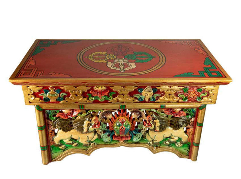 Table de Méditation Tibétaine Pliante en Bois – Motif Lion des Neiges du Népal