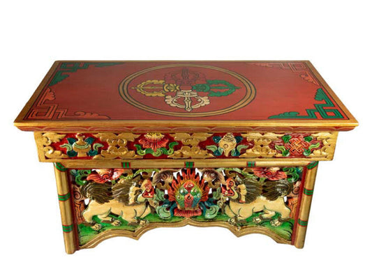 Table de Méditation Tibétaine Pliante en Bois – Motif Lion des Neiges du Népal