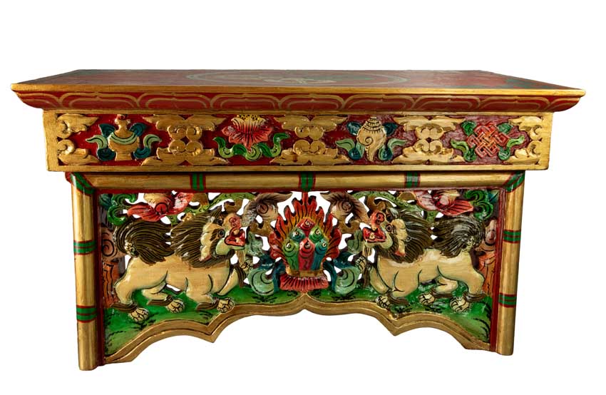Table de Méditation Tibétaine Pliante en Bois – Motif Lion des Neiges du Népal
