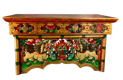Table de Méditation Tibétaine Pliante en Bois – Motif Lion des Neiges du Népal