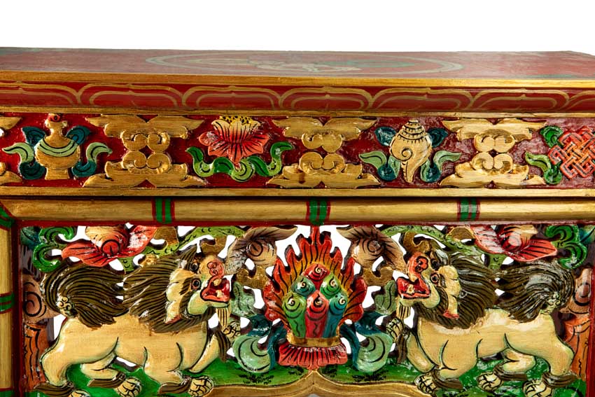 Table de Méditation Tibétaine Pliante en Bois – Motif Lion des Neiges du Népal