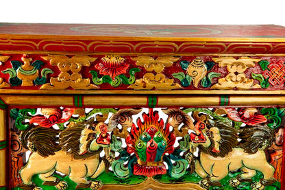 Table de Méditation Tibétaine Pliante en Bois – Motif Lion des Neiges du Népal