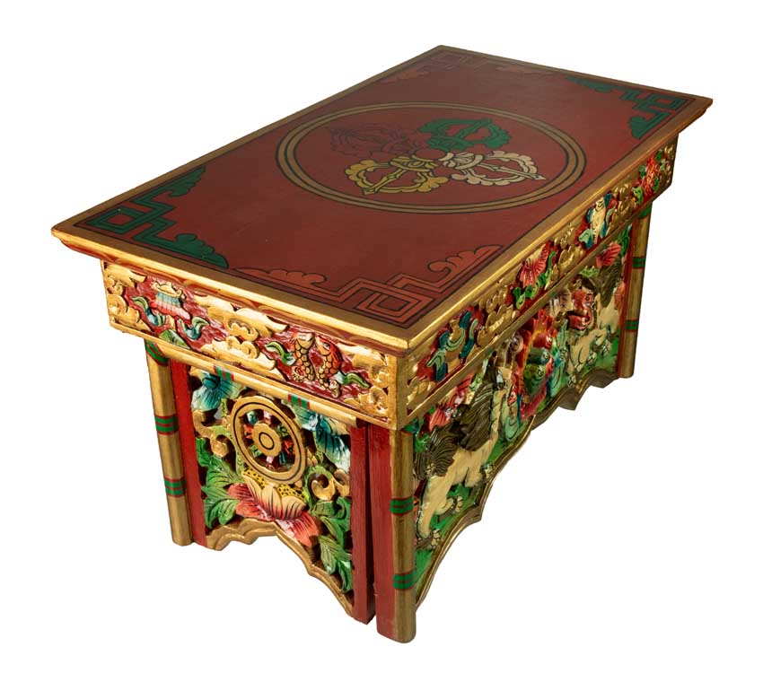 Table de Méditation Tibétaine Pliante en Bois – Motif Lion des Neiges du Népal