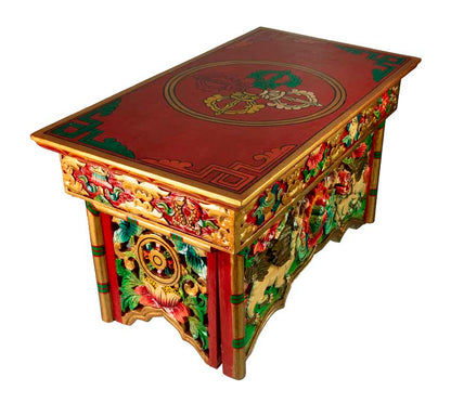 Table de Méditation Tibétaine Pliante en Bois – Motif Lion des Neiges du Népal