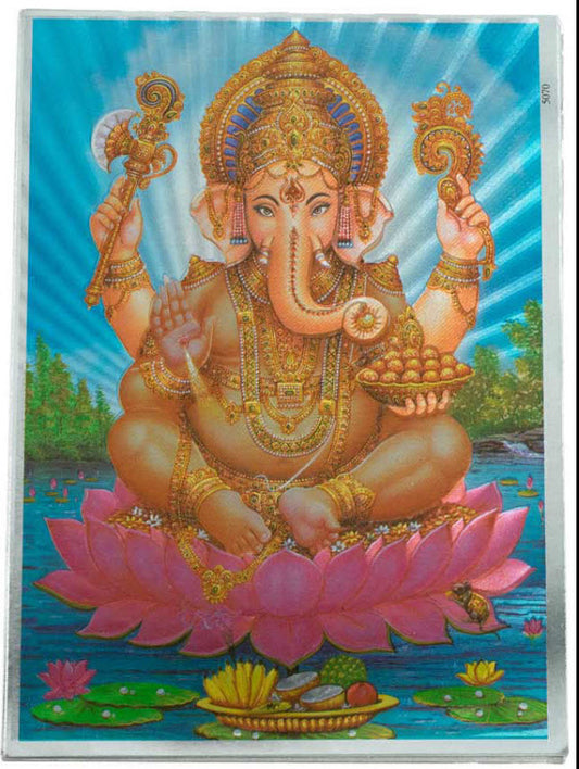 Carte Indienne Ganesh Assis Sur Un Lotus – Reflets Métalliques Bleus