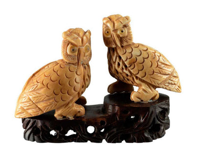 Figurine Couple De Chouettes En Os Sculpté – Artisanat Chinois