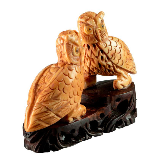 Figurine Couple De Chouettes En Os Sculpté – Artisanat Chinois