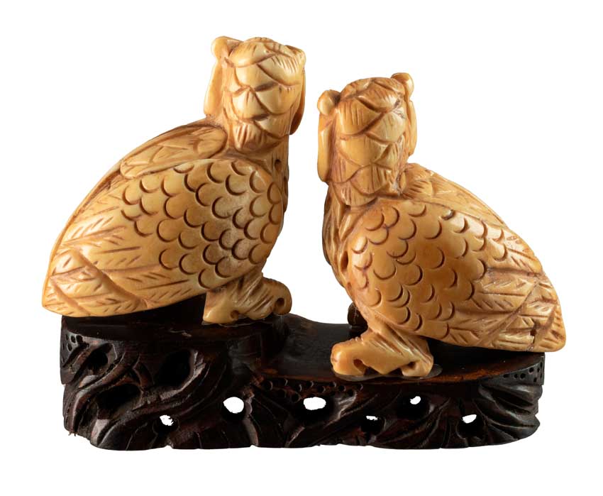 Figurine Couple De Chouettes En Os Sculpté – Artisanat Chinois