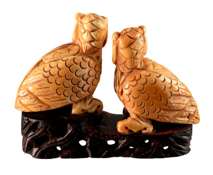 Figurine Couple De Chouettes En Os Sculpté – Artisanat Chinois