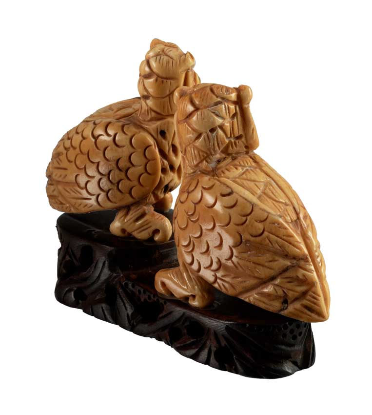 Figurine Couple De Chouettes En Os Sculpté – Artisanat Chinois