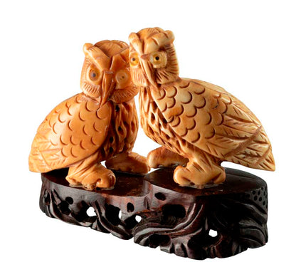 Figurine Couple De Chouettes En Os Sculpté – Artisanat Chinois