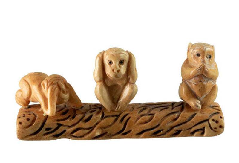 Statuette 3 Singes De La Sagesse En Os Sculpté – Artisanat Chinois