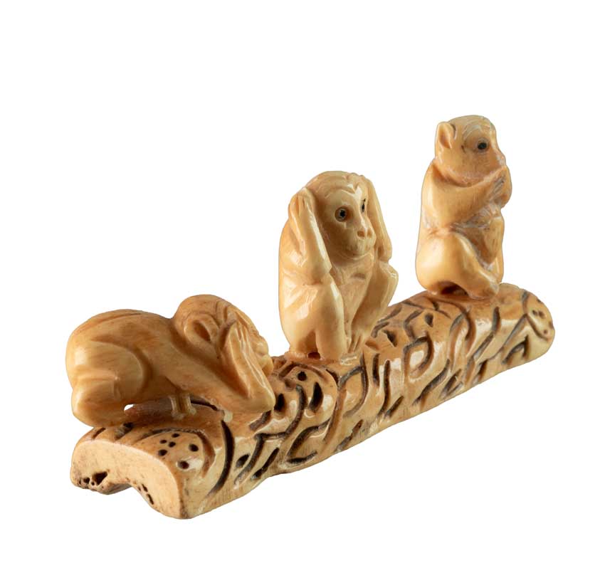 Statuette 3 Singes De La Sagesse En Os Sculpté – Artisanat Chinois