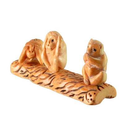 Statuette 3 Singes De La Sagesse En Os Sculpté – Artisanat Chinois