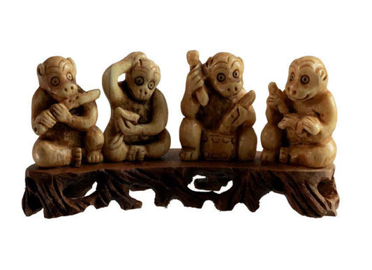 Figurine Singes Musiciens en Os Sculpté – Artisanat Chinois