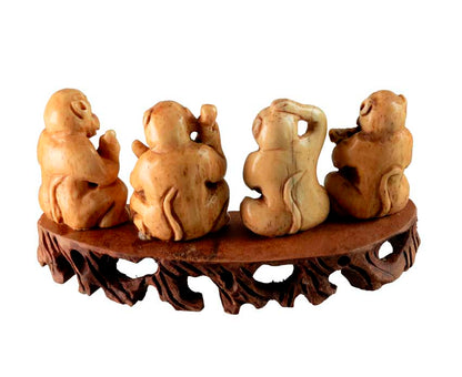 Figurine Singes Musiciens en Os Sculpté – Artisanat Chinois