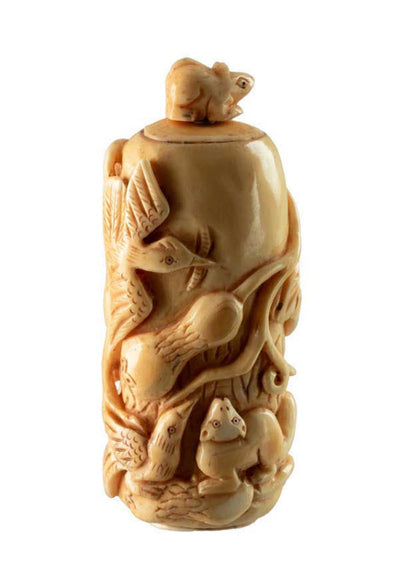 Flacon En Os Sculpté – Oiseaux Et Belette, Artisanat Chinois