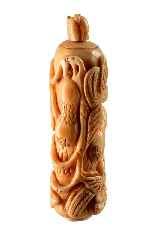 Flacon En Os Sculpté – Oiseaux Et Belette, Artisanat Chinois