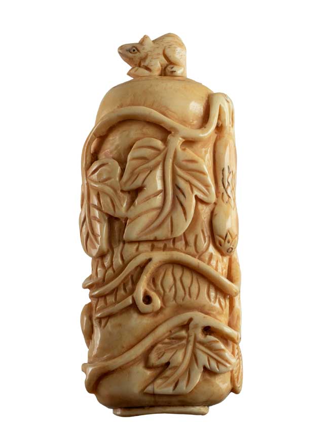 Flacon En Os Sculpté – Oiseaux Et Belette, Artisanat Chinois