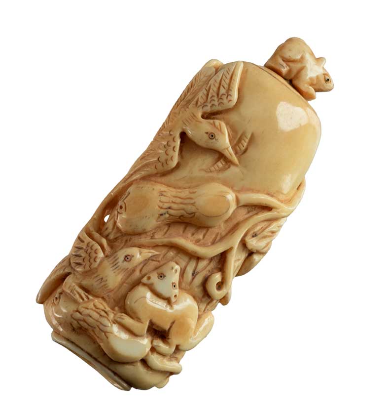 Flacon En Os Sculpté – Oiseaux Et Belette, Artisanat Chinois