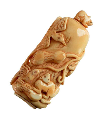 Flacon En Os Sculpté – Oiseaux Et Belette, Artisanat Chinois