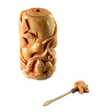 Flacon En Os Sculpté – Oiseaux Et Belette, Artisanat Chinois