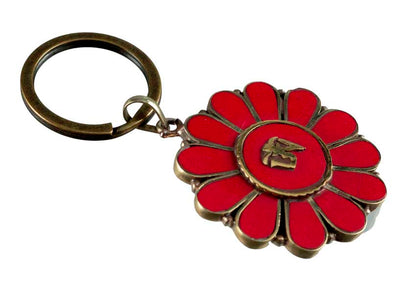 Porte-Clé Om Bouddhiste Fleur de Vie Rouge Corail en Laiton – Népal