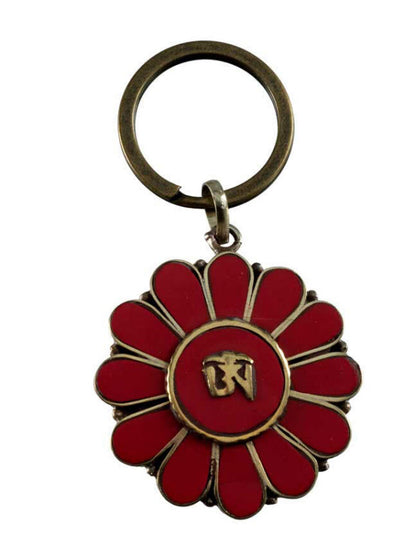 Porte-Clé Om Bouddhiste Fleur de Vie Rouge Corail en Laiton – Népal
