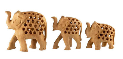Trio De Statuettes Éléphant En Bois – Artisanat Indien