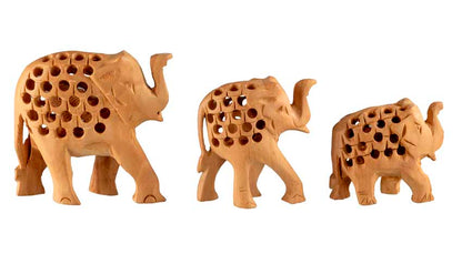 Trio De Statuettes Éléphant En Bois – Artisanat Indien