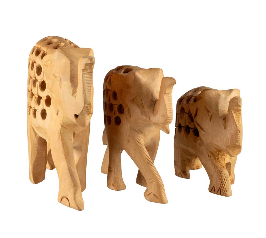 Trio De Statuettes Éléphant En Bois – Artisanat Indien