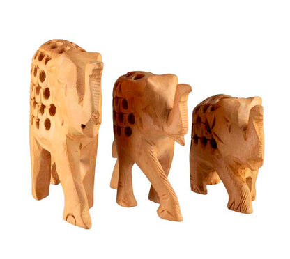 Trio De Statuettes Éléphant En Bois – Artisanat Indien