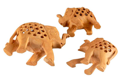 Trio De Statuettes Éléphant En Bois – Artisanat Indien