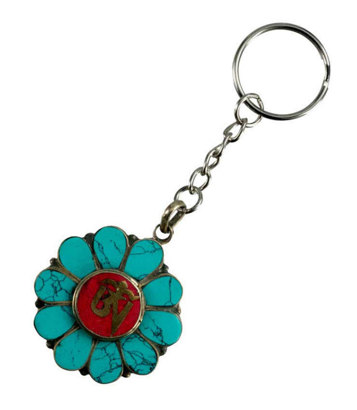 Porte-Clé Om Tibétain et Fleur de Vie Turquoise en Métal – Népal