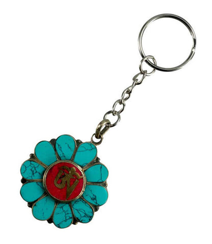 Porte-Clé Om Tibétain et Fleur de Vie Turquoise en Métal – Népal